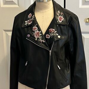 H&M Black Faux Leather Moto Jacket with Rose Embroidery